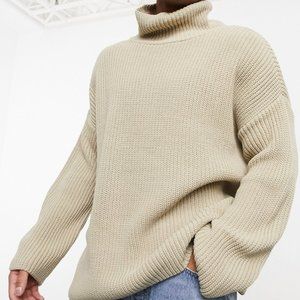 ASOS DESIGN Men's Oversized Funnel Neck Sweater, Beige, Shaker Knit, Large